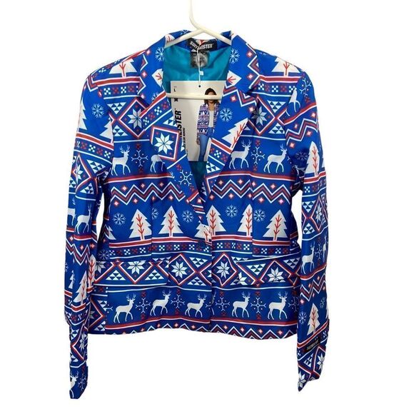 New with Tags Suitmeister Women’s Christmas Nordic Blue Printed Blazer Large - Picture 4 of 16